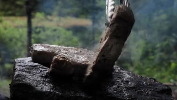一名手工厨师在森林里的岩石上煮肉 准备牛排 近距离远足 野外自然烹调时的篝火和火 — 图库视频影像