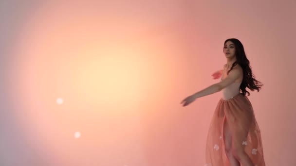 Μια Νεαρή Γυναίκα Μια Χορεύτρια Μπαλαρίνας Κουνάει Απαλά Χέρια Και — Αρχείο Βίντεο