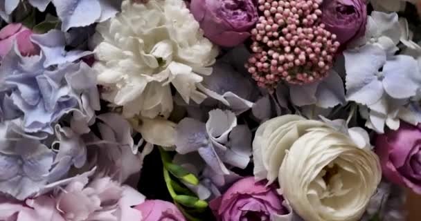 背景に春の夏の花のパステルの配置が閉じ回転します 母の日を祝う 国際女性デー3月8 花のクチナシ — ストック動画