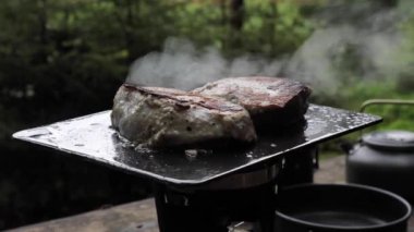 Yemek pişirme, entegre bir sistemde biftek hazırlama, ormanda yakma, doğada alternatif bir ızgara üzerinde yakın çekim.