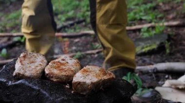 Bir el adamı et pişirir, ormandaki bir kayanın üzerinde biftek hazırlar yakın plan bir yürüyüş. Tarlada yemek pişirmek için ateşte yakılan şenlik ateşi.