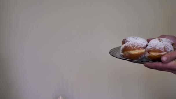 Rosquillas Dulces Con Azúcar Polvo Para Fiesta Happy Hanukkah Comida — Vídeos de Stock