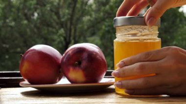 Elmalar kırmızı ve bal kavanozuyla dilimlenmiş geleneksel Yahudi bayramı Rosh Hashana 'da güneşli bir günde pencere kenarındaki ahşap bir masada. Yakın plan.