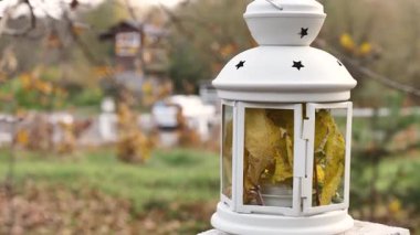 Sarı sonbahar yapraklarıyla dolu yıldız şeklinde desenli beyaz bir fener, ağaçlar ve yapraklarla kaplı sıcacık bir sonbahar sahnesinin bulanık arka planında oturur.