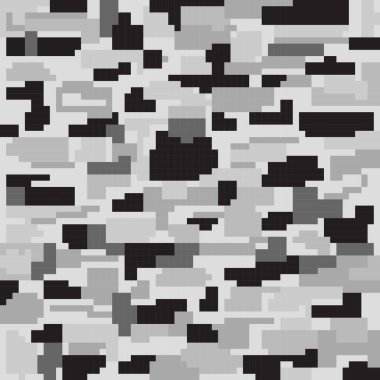 Kusursuz gri ve siyah renkli piksel kamuflaj deseni. Kamuflaj arka planı. Vektör illüstrasyonu