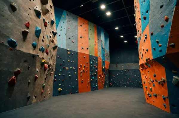 Geniş, kapalı bir tırmanma merkezi, parlak renkli tırmanma duvarları, tutunma ve kavrama ile dolu, spor ve eğlence için ideal..