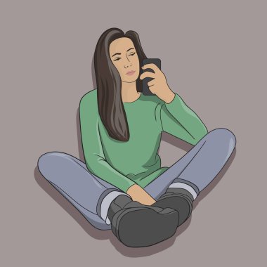 Akıllı telefonu tutan kız çizilmiş vektör düz çizim