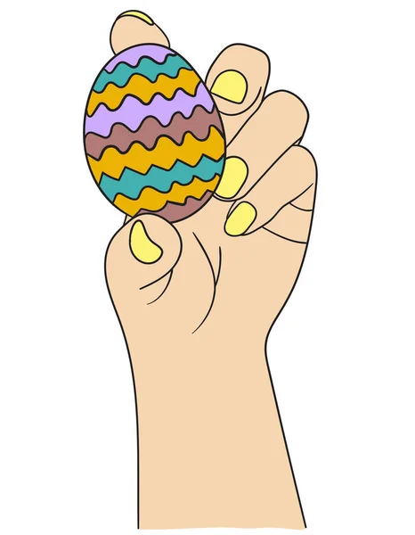 Mano Che Tiene Dipinto Uovo Pasqua Vettore Illustrazione Piatta — Vettoriale Stock