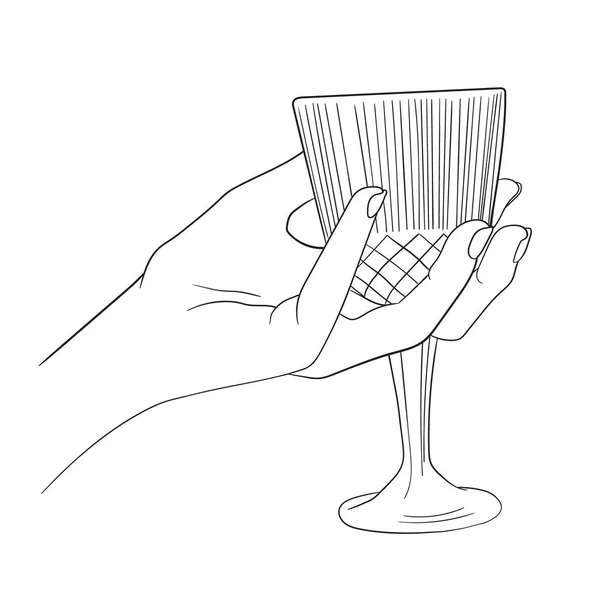 Mano Tenendo Linea Vetro Vino Bianco Arte Isolato Vettoriale Illustrazione — Vettoriale Stock