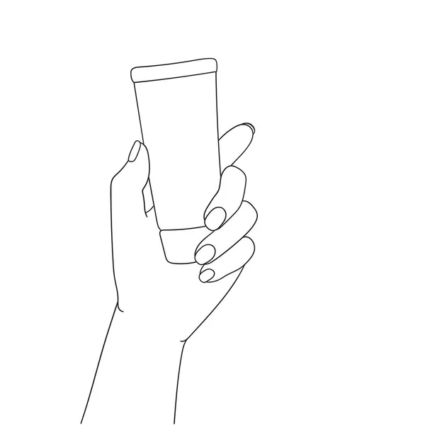 Γυναικείο Χέρι Κρατώντας Ένα Σωλήνα Κρέμα Εικονογράφηση Τέχνης Γραμμή — Διανυσματικό Αρχείο
