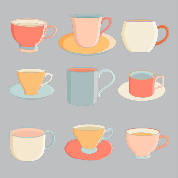 Nine colorful pastel tea and coffee cups illustration