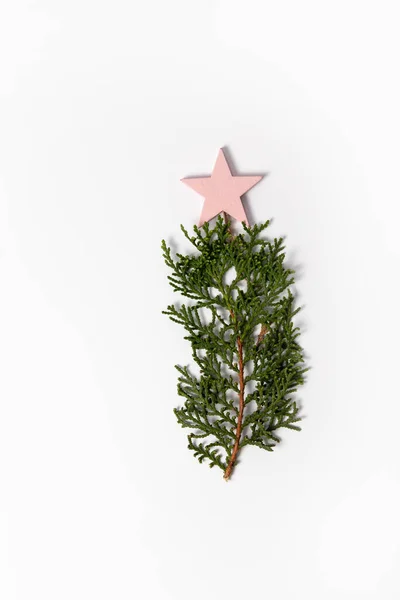 Christmas Tree Made Evergreen Tree Branch Pink Star White Background — Stock Photo, Image