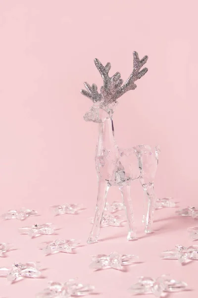 Transparent Reindeer Stars Pastel Pink Background Christmas New Year Minimal — Stock Photo, Image