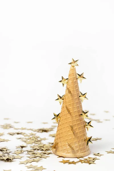 Ice Cream Cone Covered Gold Stars Confetti Christmas New Year — Stock Photo, Image