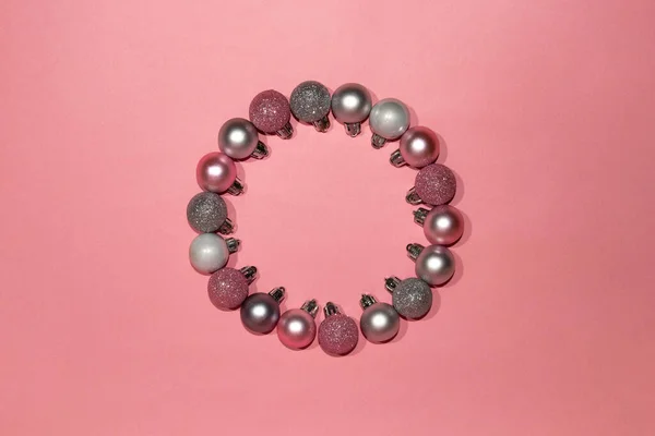 Pink Silver Ornaments Wreath Pink Background Christmas Concept Flat Lay — Photo