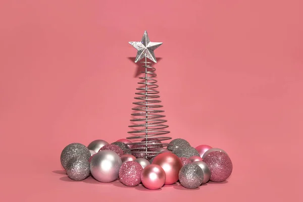 Silver Christmas Tree Star Ornaments Pink Background Holiday Concept — Stock Photo, Image