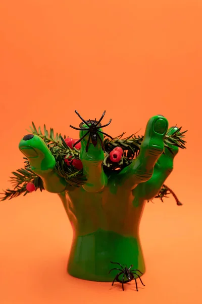 Mão Verde Segurando Ramos Teixo Com Bagas Vermelhas Duas Aranhas — Fotografia de Stock