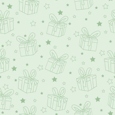Yeşil arkaplan vektörü üzerinde hediye kutuları ve yıldızlar dikişsiz desen