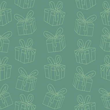 Açık yeşil hediye kutuları koyu yeşil arka plan vektörsüz desen üzerinde
