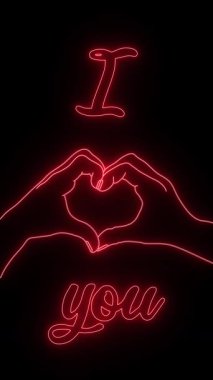Kırmızı parlayan kalbim sana 4 K dikey video animasyonu. Ben de seni seviyorum. Eller kalp şeklinde çizgiler çiziyor..