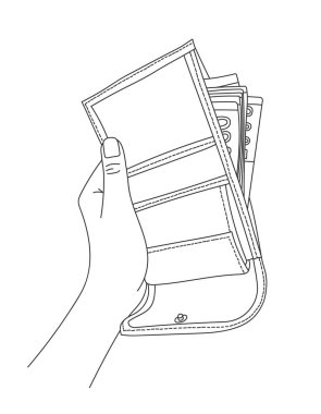 Cüzdanında para çizgisi çizimi olan el ele tutuşmalar.