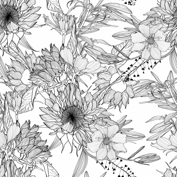 Exotické Černé Čáry Zahradní Květiny Bílém Pozadí Květinový Vzor Letní — Stockový vektor