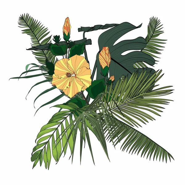热带棕榈 分枝和异国叶在白色背景上的构成 用于包装 邀请卡和模板设计的时尚夏季印刷品 — 图库矢量图片