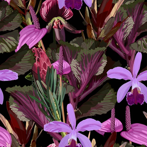 Nahtloses Muster Mit Handgezeichneten Farbigen Zierkohl Und Violetten Tropischen Blumen — Stockvektor
