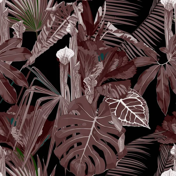 植物のシームレスなパターンは 手の茶色のトーンで様々な植物を描いた 葉のシームレスなパターン 茶色の様々な植物や木 — ストックベクタ
