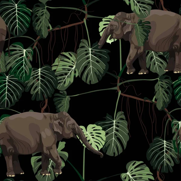 Gajah Tropis Hewan Liar Pohon Monstera Latar Belakang Bunga Mulus - Stok Vektor