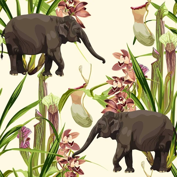 Tropikalny Słoń Dzikie Zwierzę Egzotyczny Dziki Kwiat Storczyki Roślinne Kwiaty — Wektor stockowy