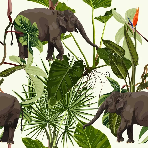 Tropikalny Słoń Dzikie Zwierzę Palma Strelitzia Kwiat Roślin Kwiatowy Bezszwowy — Wektor stockowy