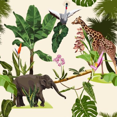 Tropik vahşi hayvanlar, flamingo, zebra, zürafa ve palmiye ağaçları, muz ağacı. Beyaz arka planda çiçek deseni var. Egzotik botanik orman duvar kağıdı.