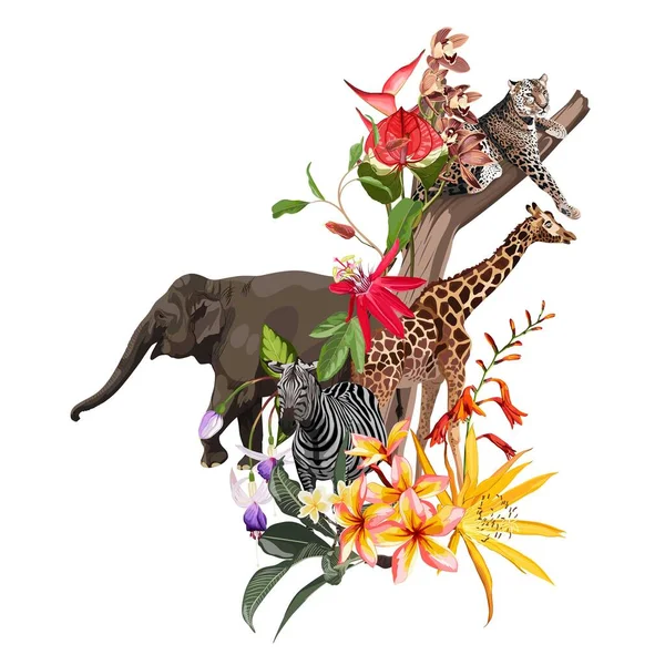 シーズン概要 Nature Banner背景 ジャングル植物 漫画象 キリン ヒョウ ゼブラ動物 熱帯のエキゾチックな花のエキゾチックなカード要素 — ストックベクタ