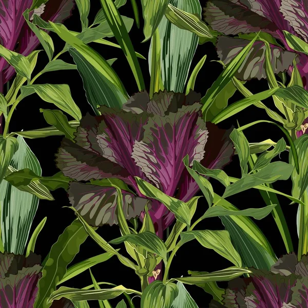 Nahtloses Muster Mit Handgezeichneten Farbigen Zierkohl Und Tropischen Blättern Japanische — Stockvektor