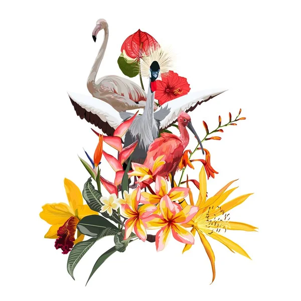 Saison Abstrakte Natur Banner Hintergrund Dschungelblumen Zeichentrickvögel Flamingos Kraniche Ibis — Stockvektor