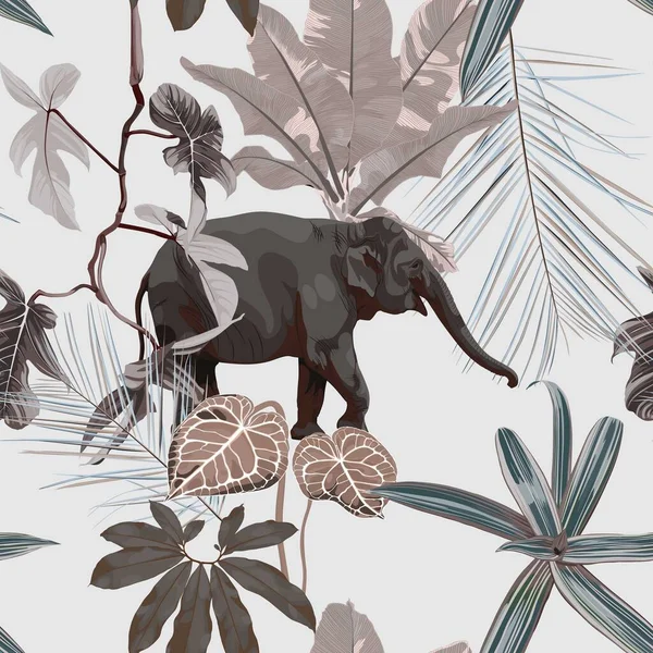 Tropikalne Abstrakcyjne Dzikie Zwierzę Słoniowe Palmy Drzewo Bananowe Kwiatowy Bezszwowy — Wektor stockowy
