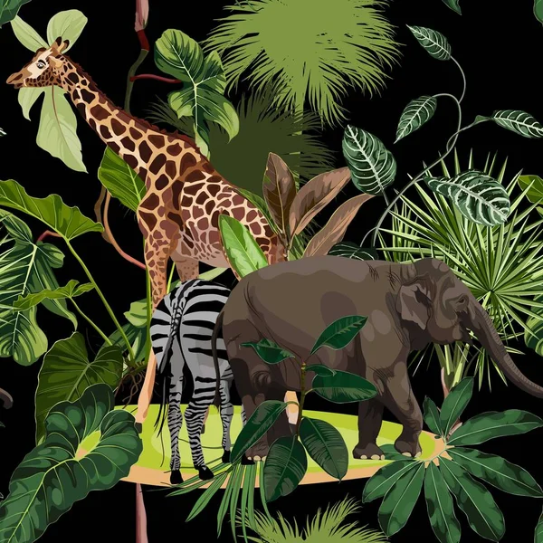 Tropikalny Dziki Słoń Żyrafa Zwierzę Zebra Palmy Banan Kwiatowy Bezszwowy — Wektor stockowy