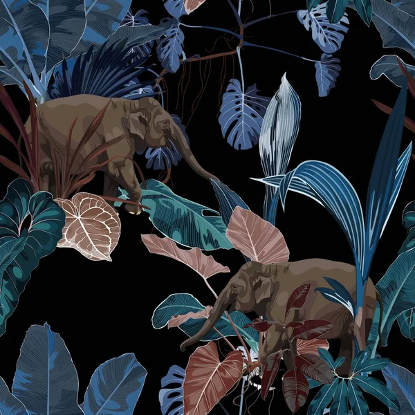 Tropische Wilde Elefantentiere Abstrakte Blaue Palmen Bananenbäume Florales Nahtloses Nachtmuster — Stockvektor