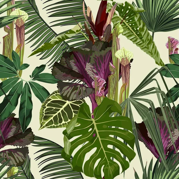 Bezešvé Vzor Ručně Kreslené Barevné Dekorativní Zelí Tropické Listy Japonský — Stockový vektor