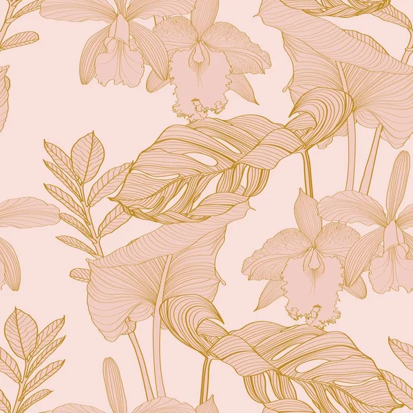 Tropische Exotische Florale Linie Palmblätter Und Orchideenblüten Nahtloses Muster Linienhintergrund lizenzfreie Stockillustrationen