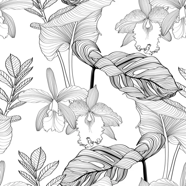 Τροπικά Εξωτικά Φύλλα Φοίνικα Γραμμή Και Ορχιδέα Λουλούδια Αδιάλειπτη Μοτίβο — Διανυσματικό Αρχείο