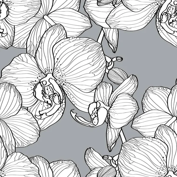 Tropiska Exotiska Orkidéer Blommar Linje Svart Grå Sömlös Mönster Linje — Stock vektor