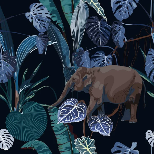 Tropikalne Dzikie Zwierzę Słoniowe Abstrakcyjne Niebieskie Palmy Drzewo Bananowe Kwiatowy — Wektor stockowy
