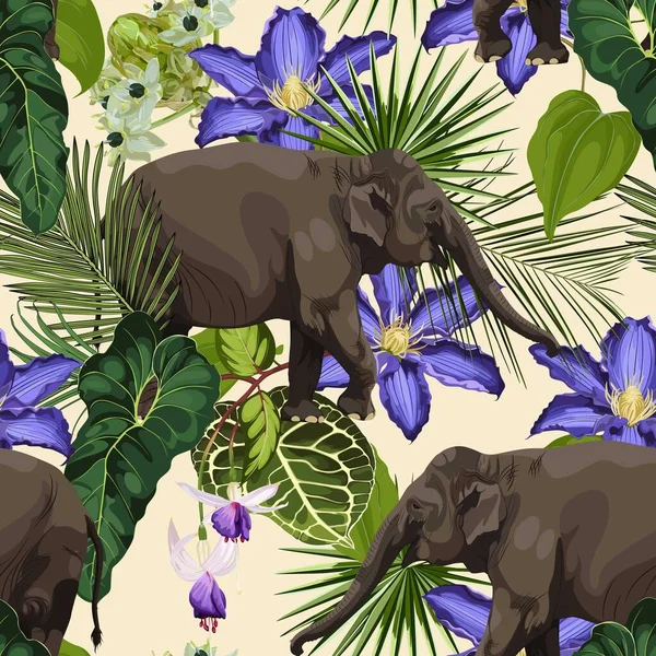 Tropikalne Dzikie Zwierzę Słoniowe Liście Palm Fioletowe Kwiaty Kwiatowy Bezszwowy — Wektor stockowy