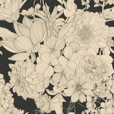 Ortanca, nilüfer, yıldız çiçeği kumaş tasarımı için güllerin kusursuz deseni. Bahar çiçeklerinin lüks serisi. Vektör illüstrasyonu.