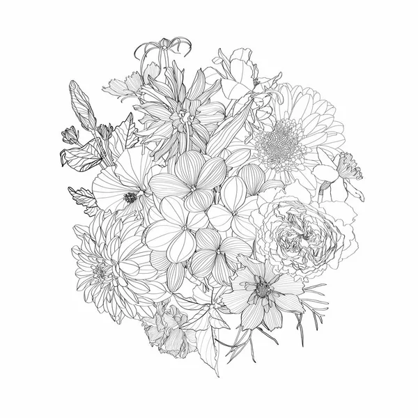 草本植物花束 由黑白线条手绘草本植物 园圃及热带花卉及昆虫制成 素描风格 — 图库矢量图片