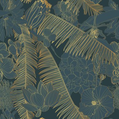 Tropikal egzotik palmiye yaprakları ve egzotik çiçekler dikişsiz desen, çizgi arkaplan. Egzotik orman duvar kağıdı. Art deco..