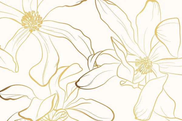 Luxuriöses Tapetendesign Mit Goldenen Magnolienblüten Und Natürlichem Hintergrund Liniendesign Für Stockillustration