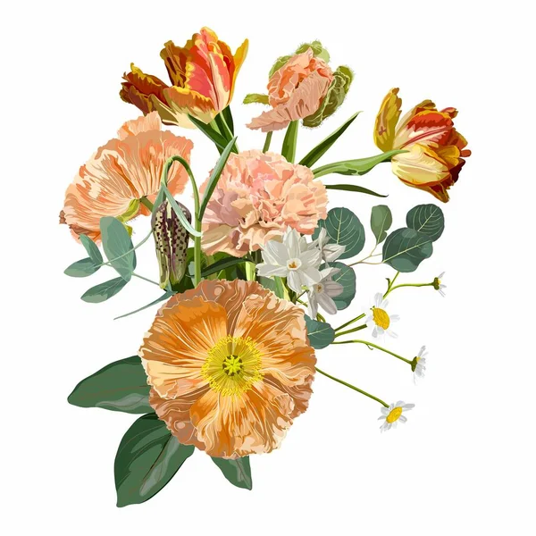Viktorianischer Strauß Frühlingsblumen Mohn Kamille Tulpen Eukalyptus Vintage Botanische Illustration — Stockvektor